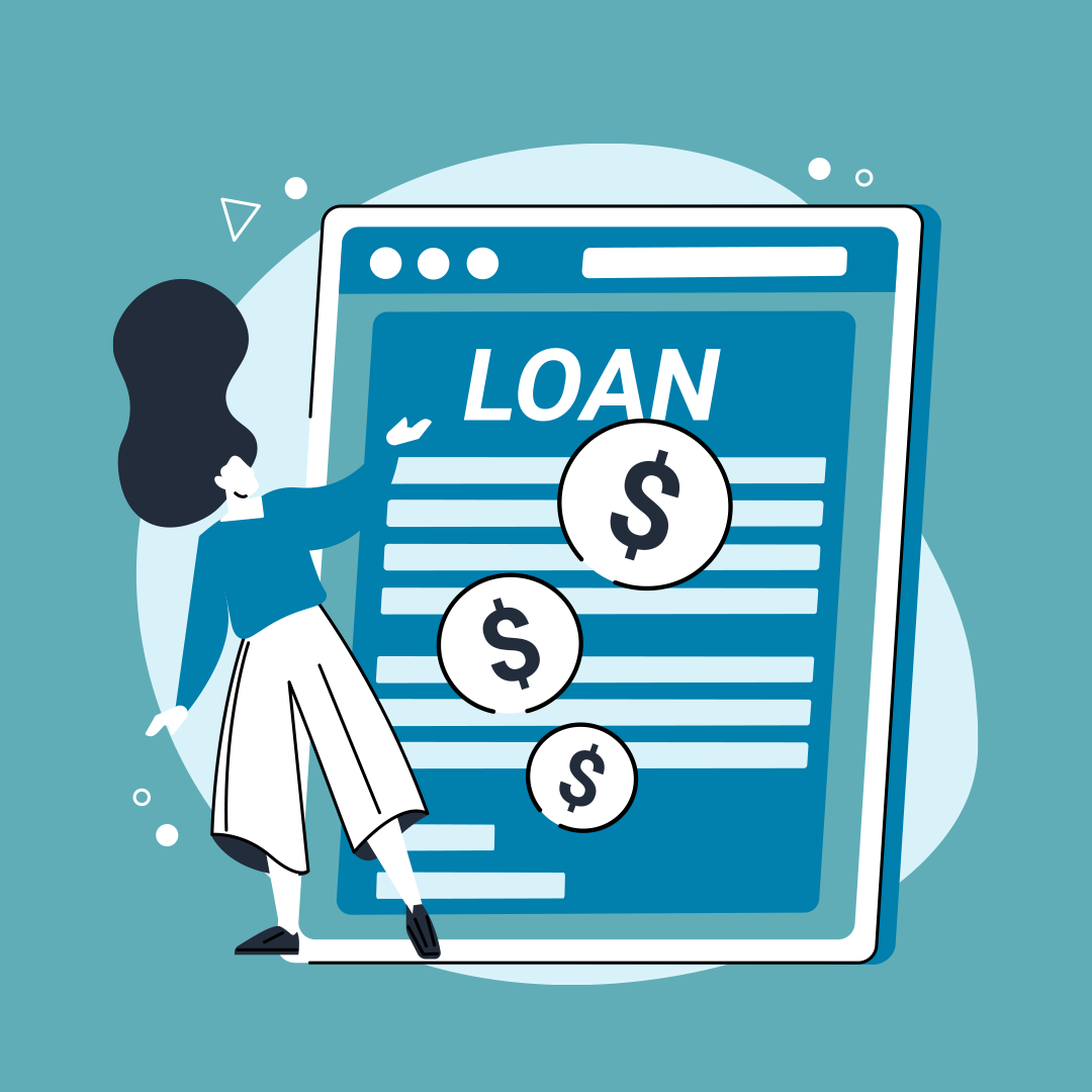 Shades of blue, green, and white. Illustrations of a woman next to a large loan offer.